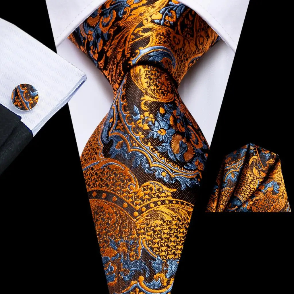 Hi-Tie 100% Silk Black Gold Jacquard Wedding Necktie Set