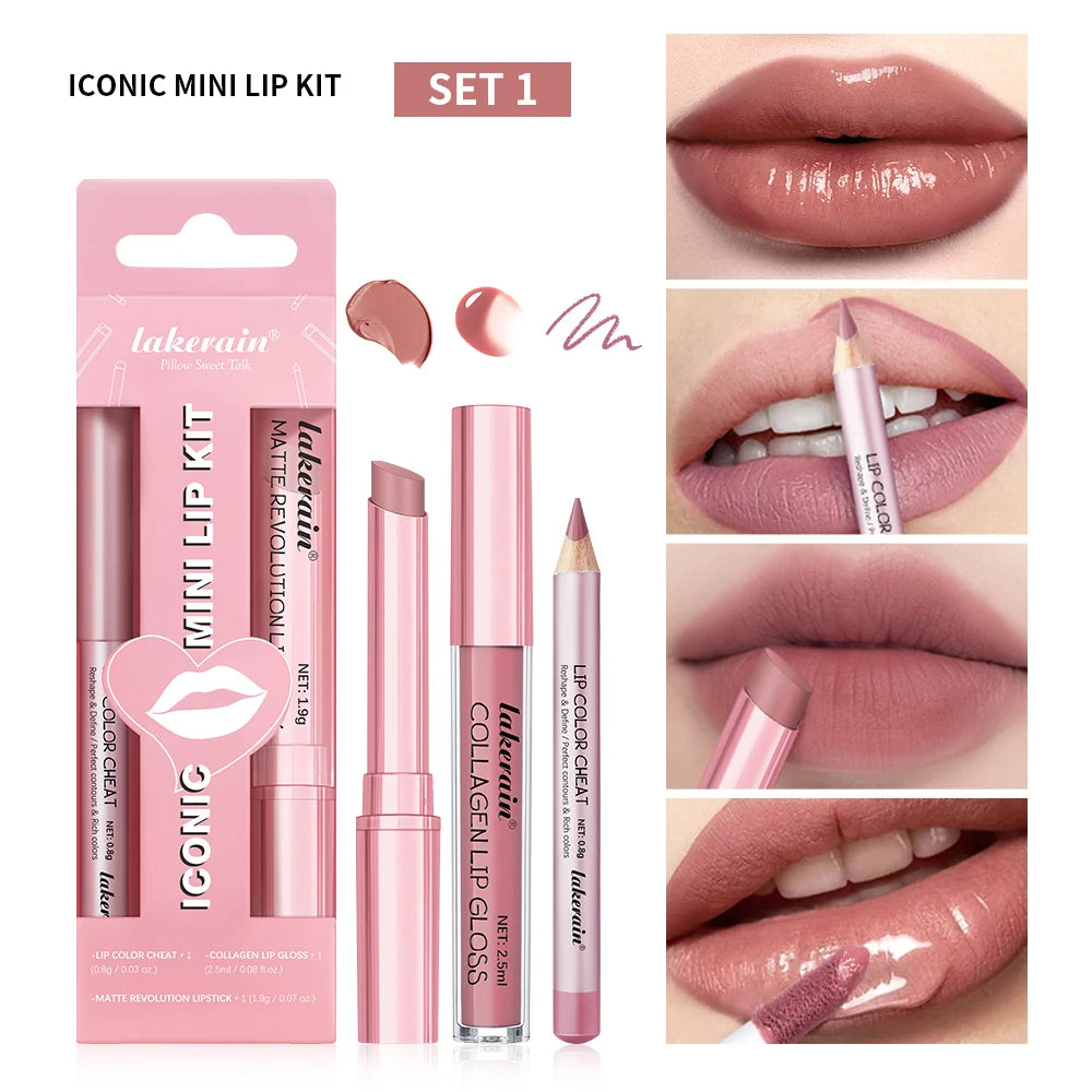 Iconic Mini Lip Kit – Waterproof Lipstick & Gloss 3pc Set Lip Makeup Set Qst 01