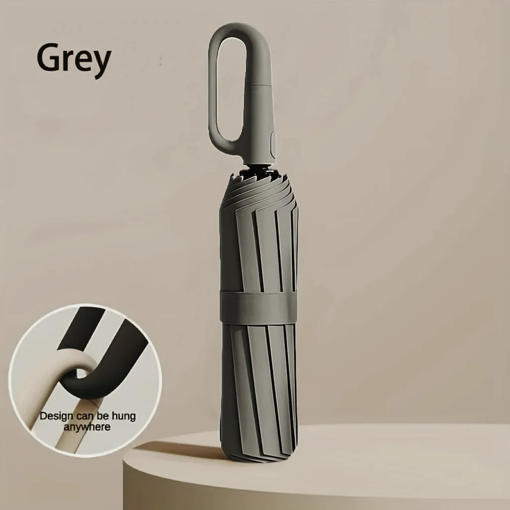 10-Bone Auto Folding Umbrella – Extra Large Sun & Rain Parasol Folding Parasol Umbrella Qst GRAY 10K Iron