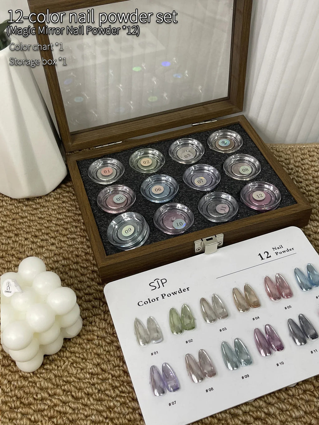 12-Color Mirror Nail Powder Set with Cards & Storage Box Mirror Nail Powder Kit Qme
