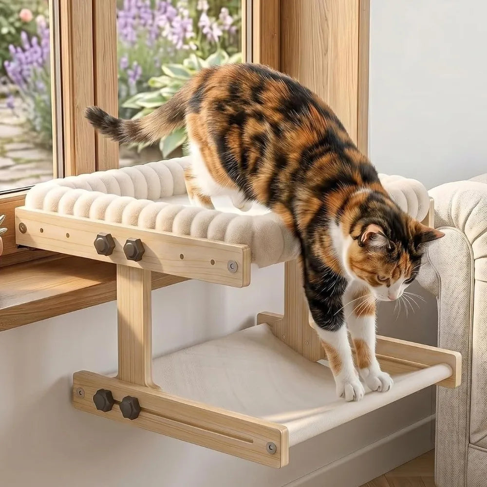 Adjustable Cat Window Perch – Wooden Frame & Detachable Cushion Cat Window Perch Qme
