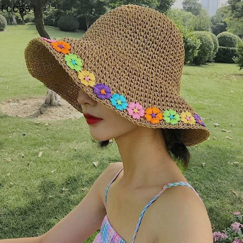Woven Flower Straw Fisherman Hat – Wide Brim Summer Beach Hat Straw Sun Hat Qst