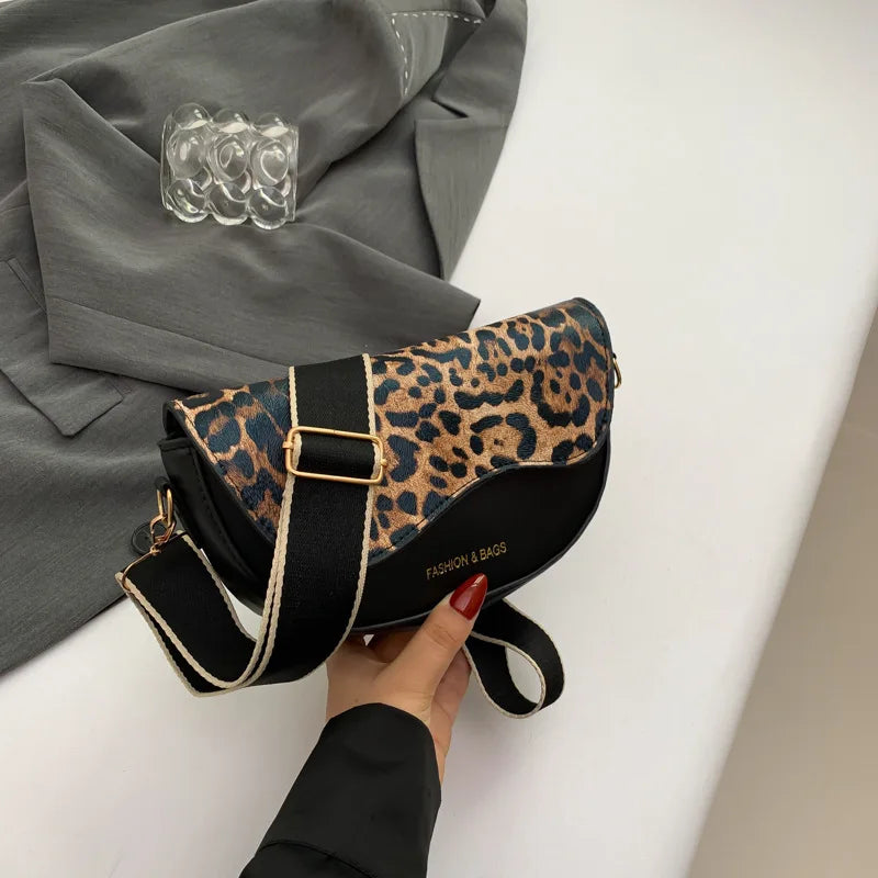 Boho Leopard Print Crossbody Bag – Trendy Wide Strap for Women Crossbody Shoulder Bag Qme BLACK L