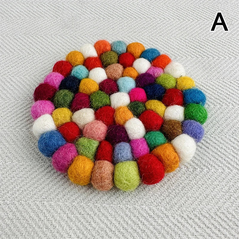 Handmade Felt Ball Coasters – 4" Colorful Round Wool Cup Mats Felt Ball Coasters Qst A