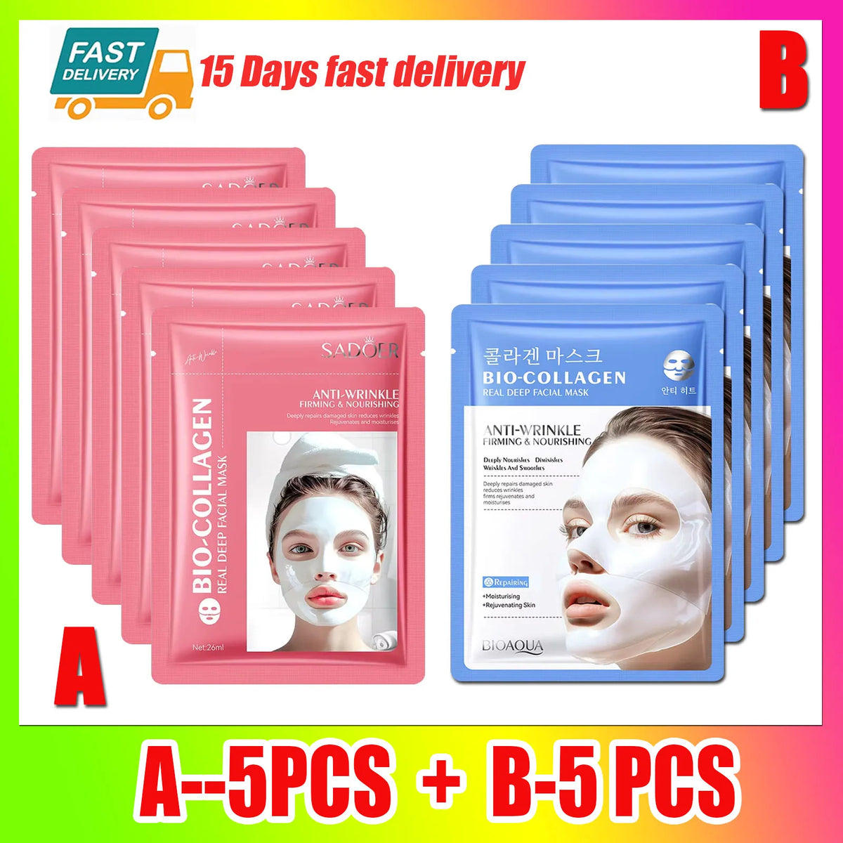 Hyaluronic Acid Collagen Face Masks – Hydrating Facial Patches Facial Sheet Mask Qst A-5PCS-B-5PCS