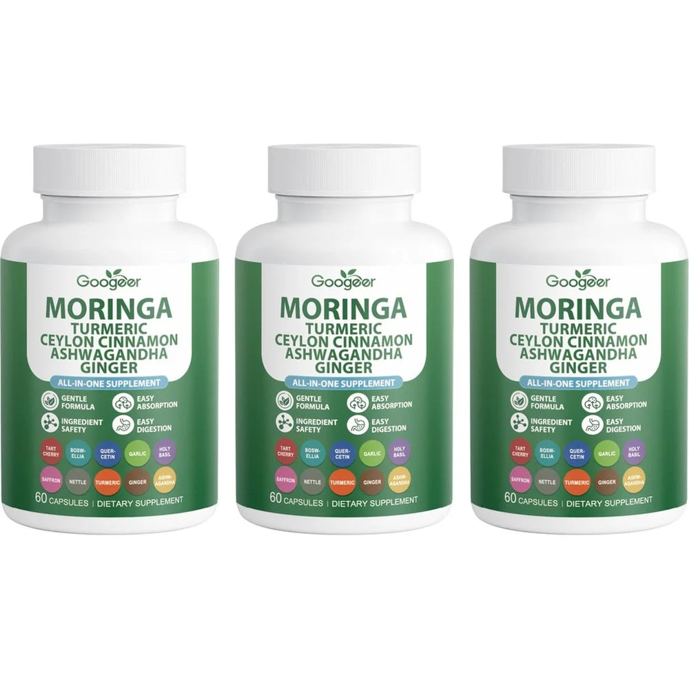 Googeer Moringa Turmeric Capsules w/ Ashwagandha & Ginger 60ct Herbal Supplement Qst 180 Count(Pack of 3)