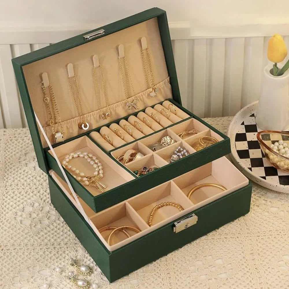Double-Layer Locking Jewelry Box | PU Leather Organizer Jewelry Storage Box Qme