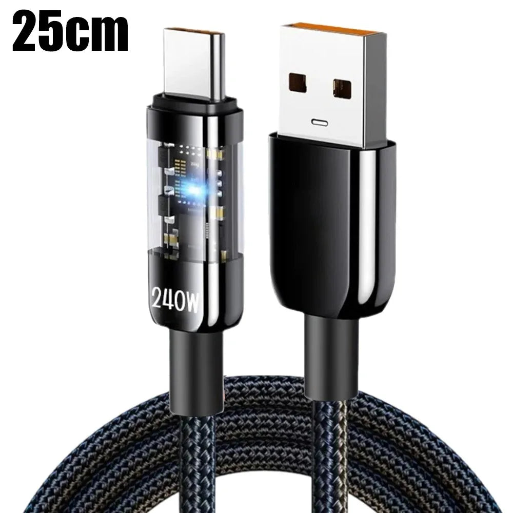 USB-C 240W 10A Fast Charging Cable with LED Light | QC3.0 USB-C Charging Cable Qme 0.25m