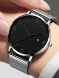 Men's Graduated Mesh Quartz Watch – Large Dial Casual Style Quartz Wristwatch Qme Silver Black