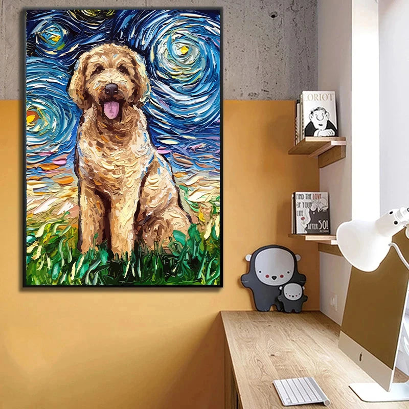 Van Gogh Starry Night Dog Canvas Print | German Shepherd Wall Art Canvas Wall Art Qst