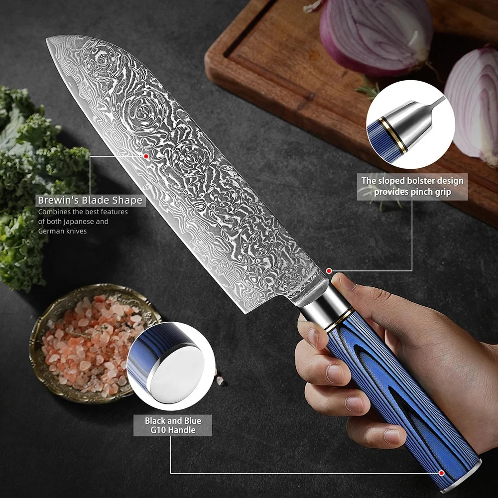 XITUO Damascus Steel Kitchen Knife Set – Blue G10 Handle Damascus Knife Set Qst
