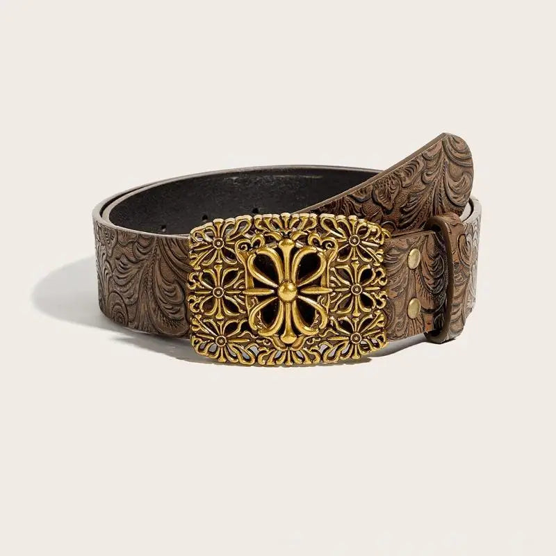 Vintage Boho Western Belt – White Stone Buckle Embossed PU Women's Fashion Belt Qst A6