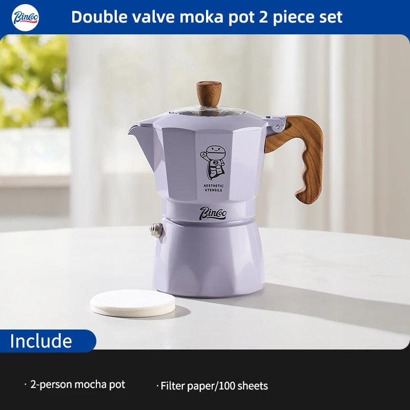 Bincoo Dual Valve Moka Pot Set with Heater – Portable Espresso Moka Pot Set Qst Purple 2pcs