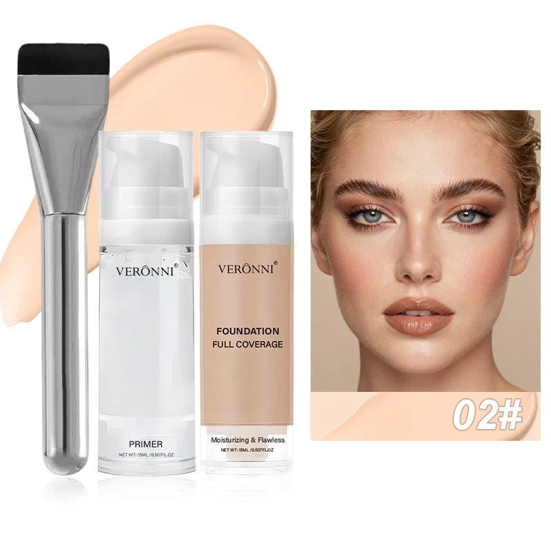 VERONNI Full Coverage Foundation & Hydrating Primer with Brush Foundation & Primer Kit Qme 02