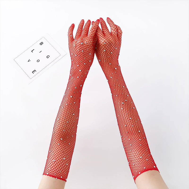 Women's Sparkling Mesh Net Elastic Gloves | Tatted Polyester Fashion Mesh Gloves Qst Red