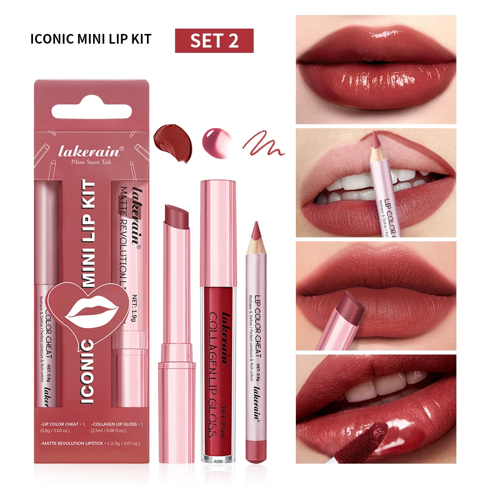 Iconic Mini Lip Kit – Waterproof Lipstick, Liner & Gloss Set Lip Makeup Set Qst 02