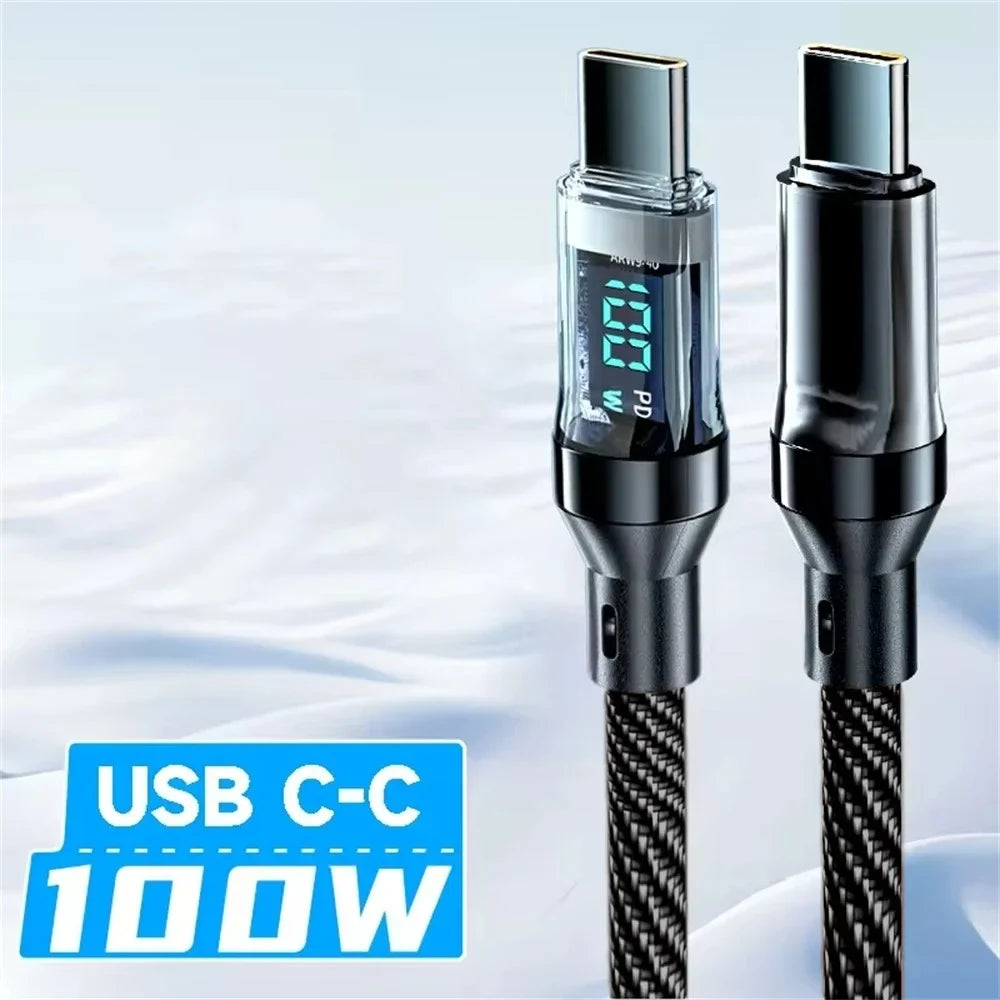 120W USB-C Fast Charging Cable with LED Display | Nylon Braided USB Charging Cable Qme Black C To C 2m