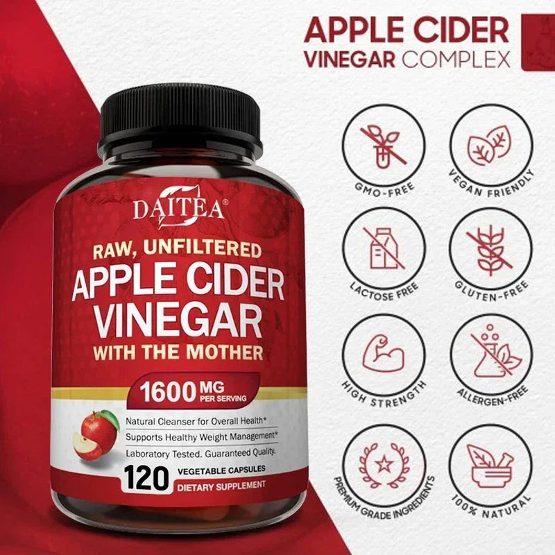 DAITEA Apple Cider Vinegar 1600mg Capsules with The Mother ACV Dietary Supplement Qst