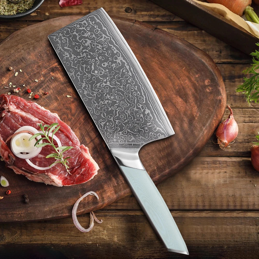 DASHWAY 7" Damascus Steel Cleaver – Professional Chef Knife Damascus Cleaver Knife Qst