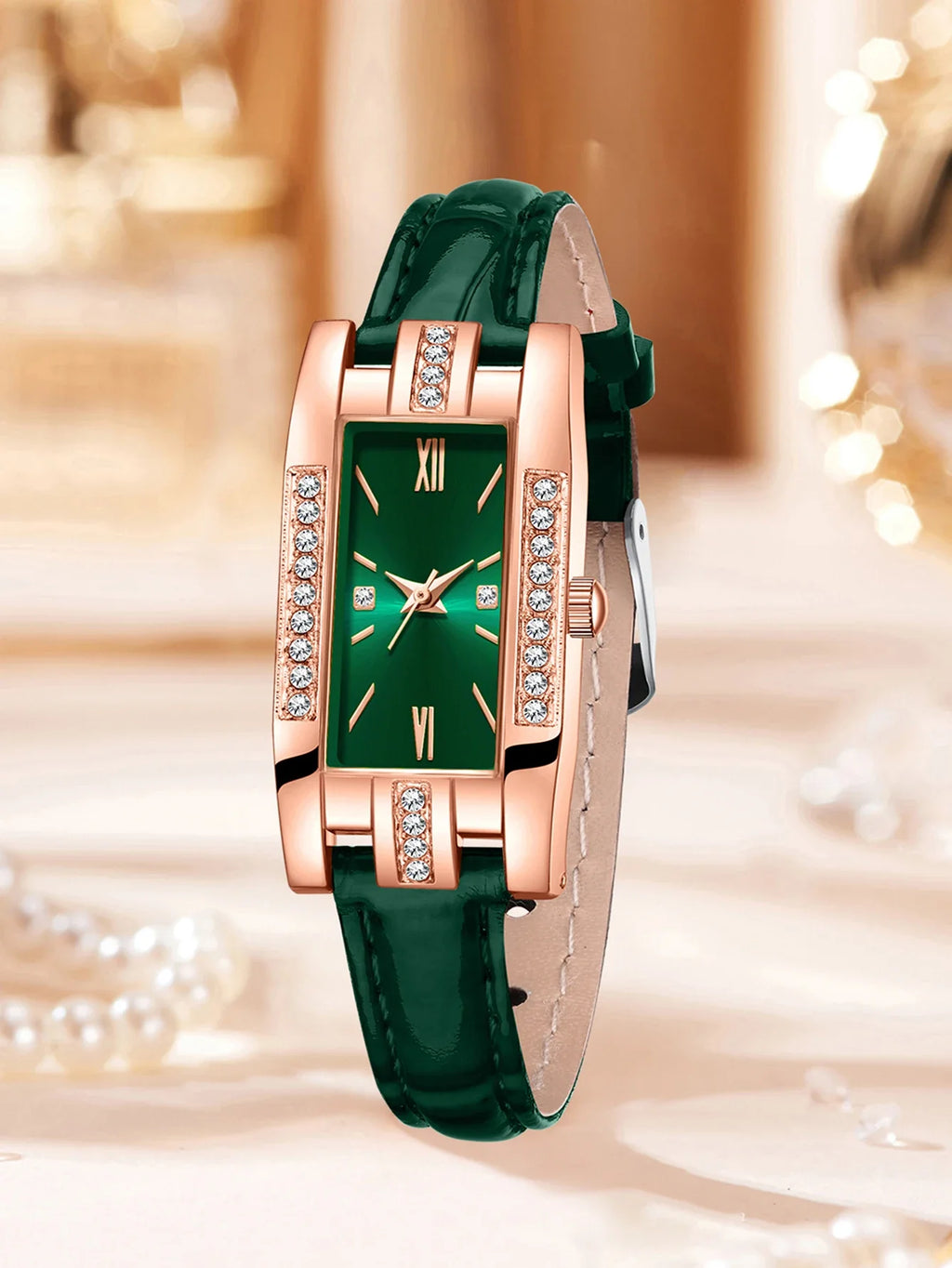 Rose Gold Diamond Encrusted Rectangular Women's Leather Watch Women's Fashion Watch Qme
