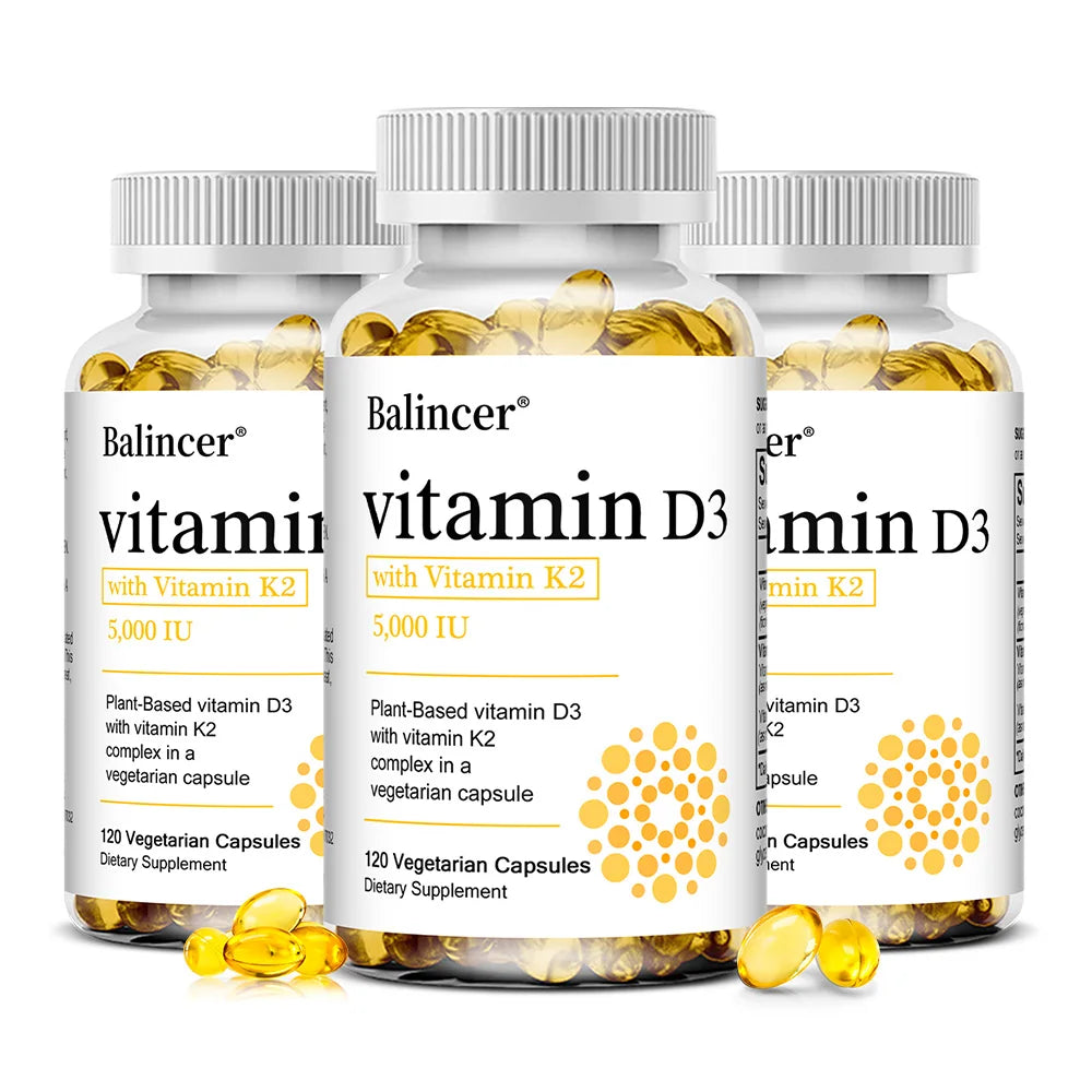 Vitamin D3 5000IU + K2 MK7 1100mcg Vegan Capsules | Bone & Heart Vitamin Supplement Qst 120 count-3 bottle