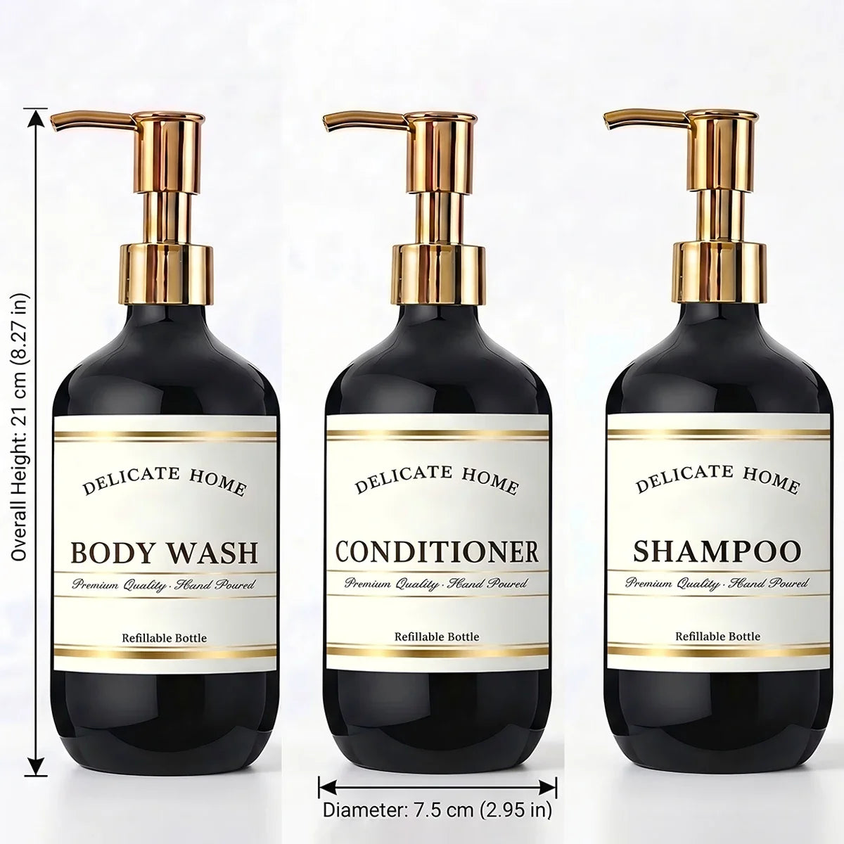 Black Refillable Shower Pump Dispenser Bottles 3-Pack 500ml Shower Pump Dispenser Qme