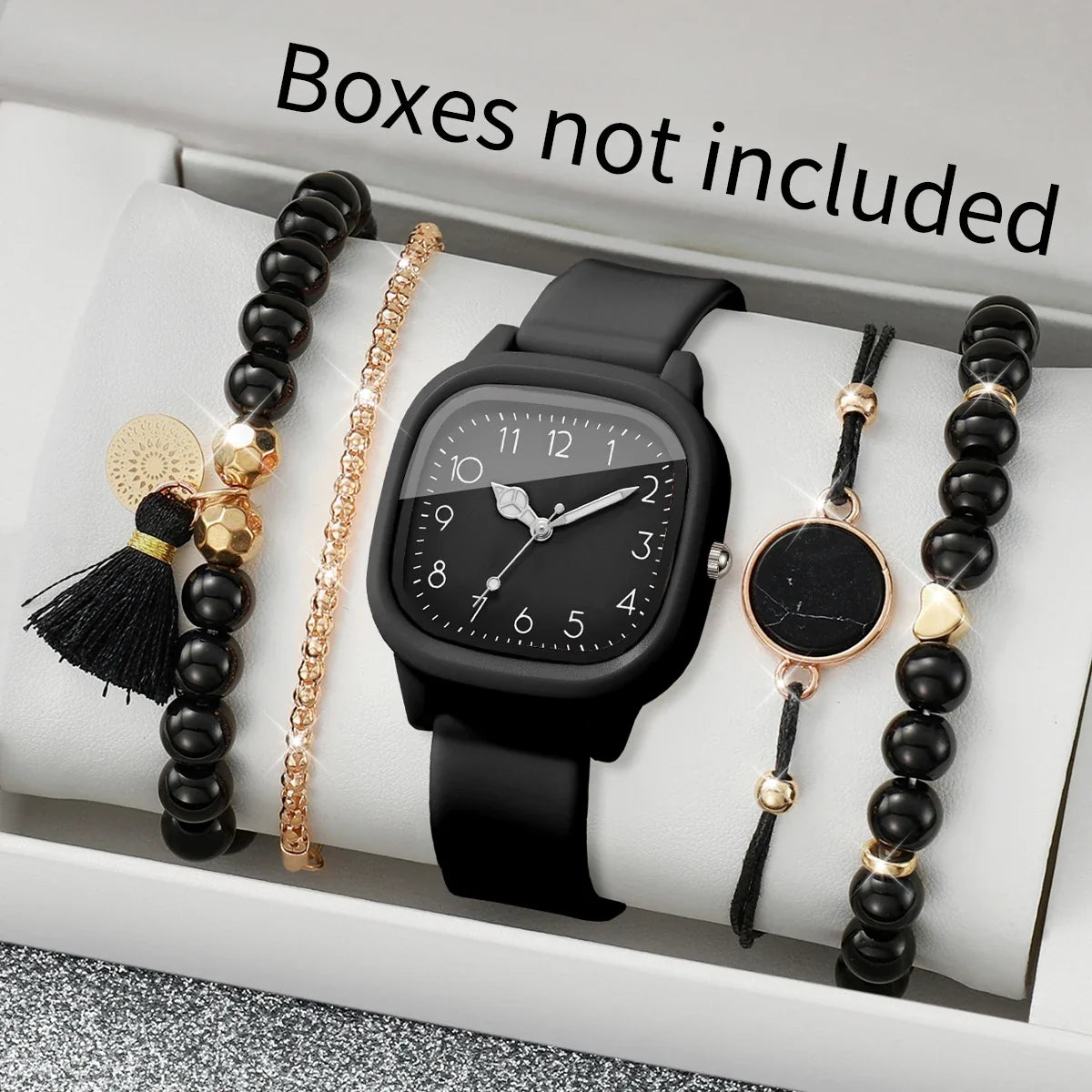 Women's Quartz Watch & Bracelet Stack – Silicone, Beads & Tassel Watch Bracelet Set Qme Black Set No Box