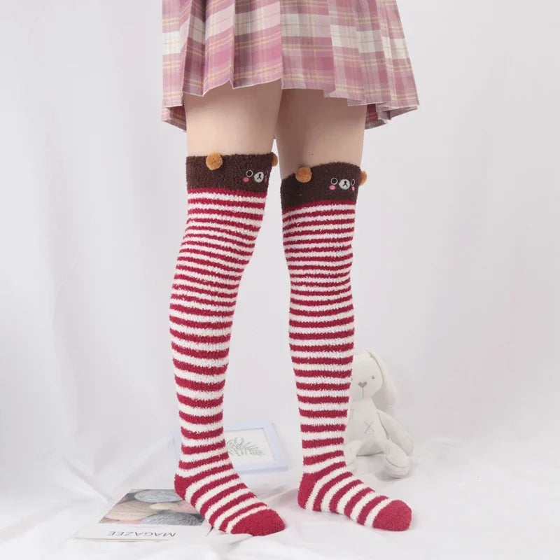 Women's Harajuku Lolita Striped Coral Velvet Long Socks Novelty Long Socks Qme B One Size
