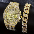 Gold Plated Diamond Chronograph Watch & Cuban Link Bracelet Set Watch & Bracelet Set Qme 1