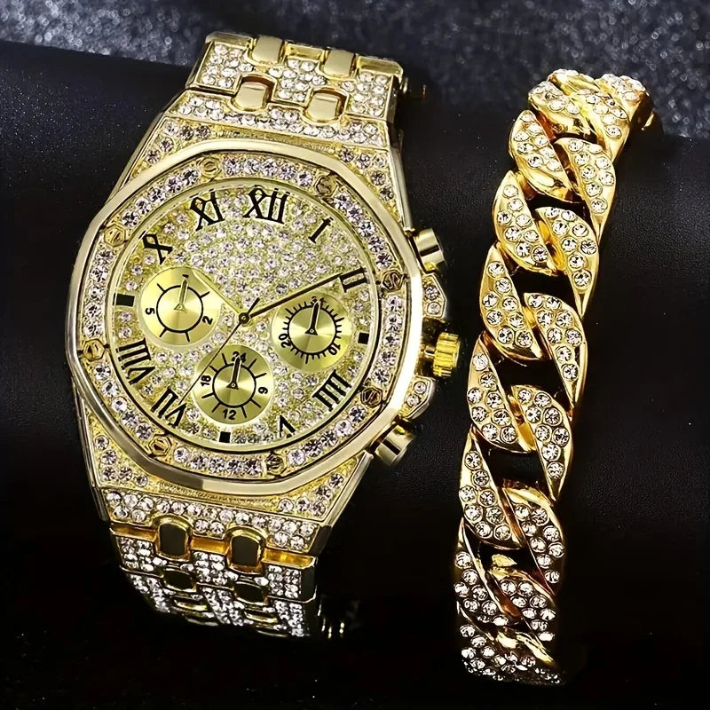 Gold Plated Diamond Chronograph Watch & Cuban Link Bracelet Set Watch & Bracelet Set Qme 1
