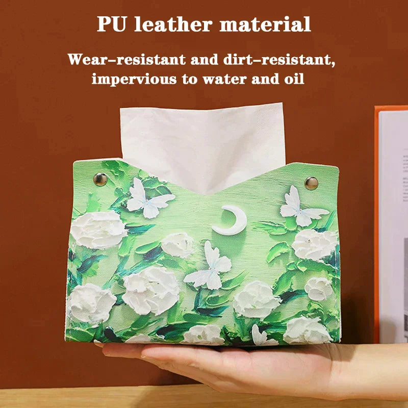Oil Painting Flowers PU Leather Tissue Box | Decorative Tabletop Decorative Tissue Box Qme