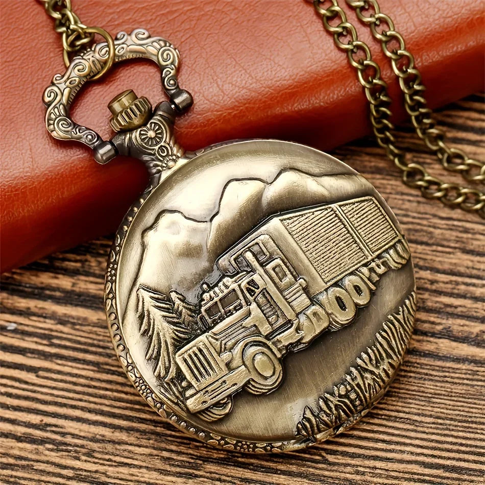 Bronze Truck Vintage Quartz Pocket Watch Necklace Pocket Watch Necklace Qme