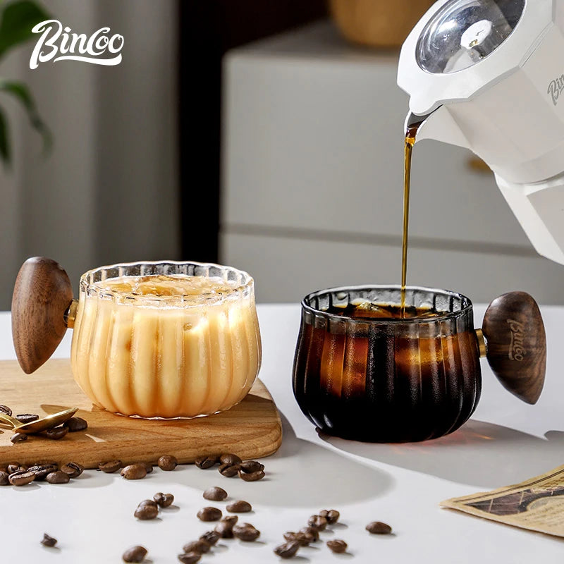 Striped Borosilicate Glass Coffee Mug with Wooden Handle Glass Coffee Mug Qst