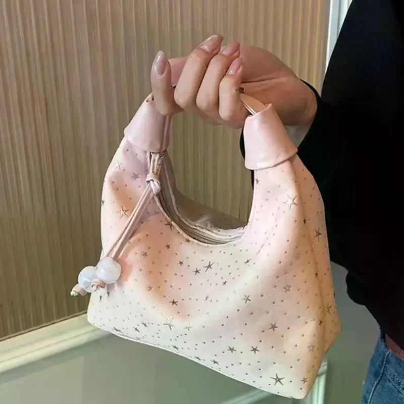 Sweet Sparkling Stars Nylon Shoulder Bag with Pearl Pendant Crossbody Shoulder Bag Qme