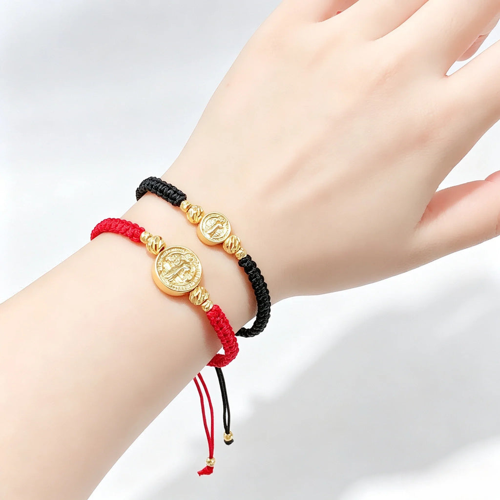 St Benedict Adjustable Braided Rope Bracelet – Gold Plated Religious Bracelet Qme