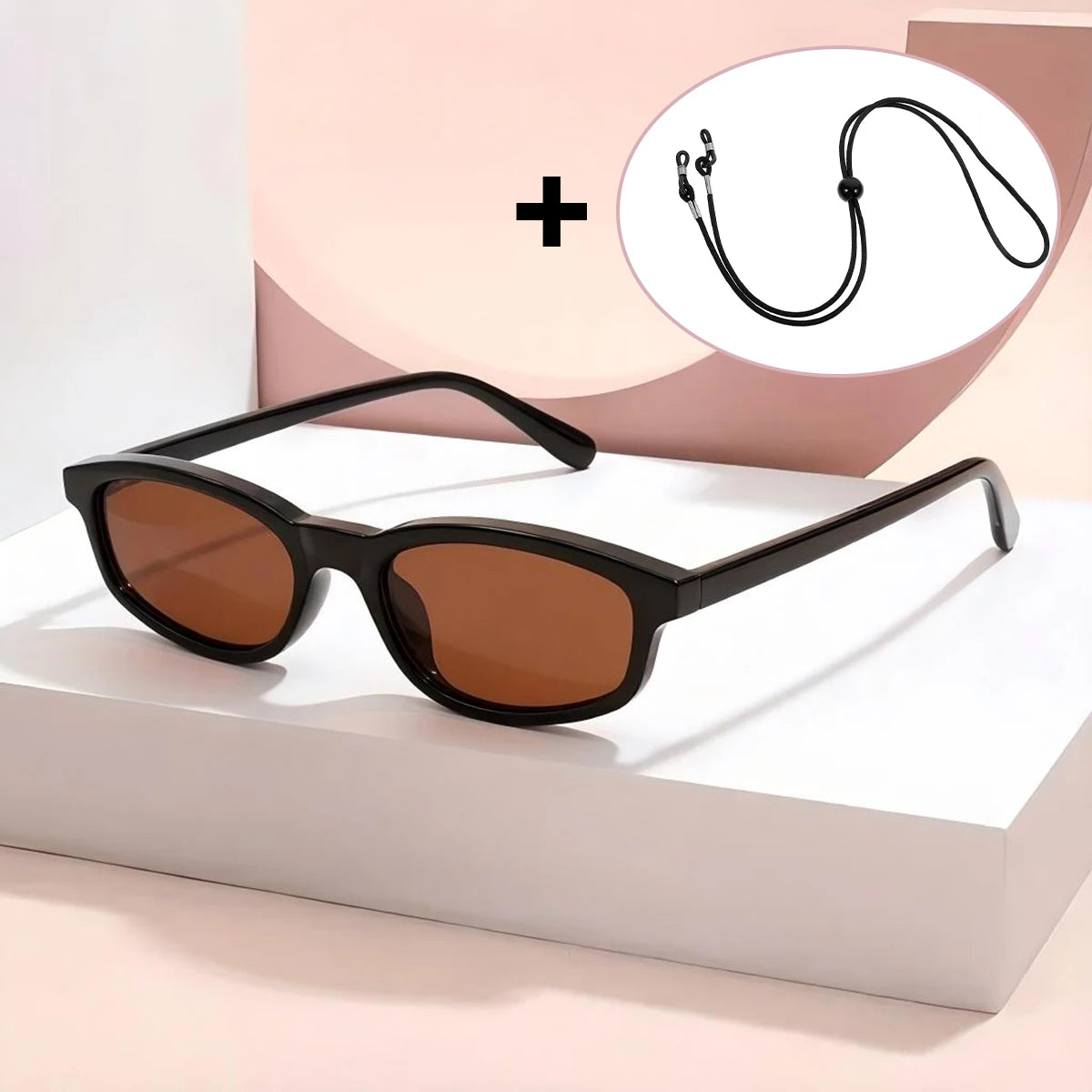 VOPHA Women's Retro Rectangle Sunglasses UV400 + Strap Fashion Sunglasses Qst Black Brown