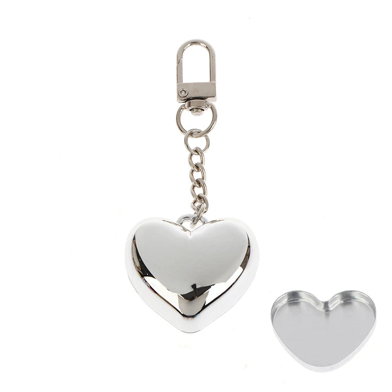 Heart Shape Mini Empty Compact – Blush & Eyeshadow Case + Mirror Cosmetic Compact Case Qst Silver Keychain