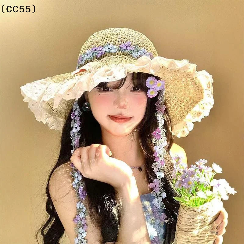 Korean Floral Bow Straw Hat – Women's Wide Brim Beach Sun Hat Straw Sun Hat Qst