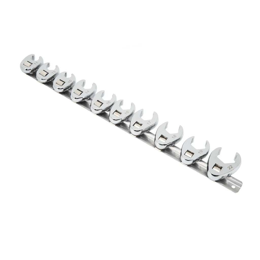 10pc Crow's Foot Wrench Set | 3/8" Drive | 10–22mm Chrome Crow's Foot Wrench Set Qme as show