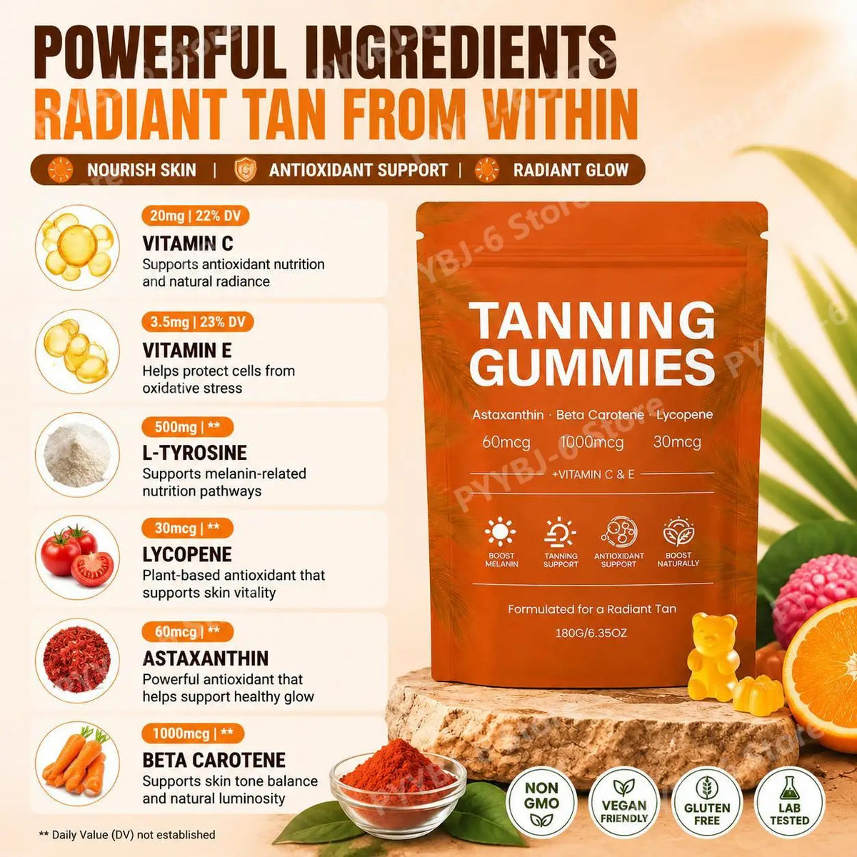 Tanning Gummies – Vitamins C & E, L-Tyrosine, Lycopene | 60ct Skin Glow Supplement Qst