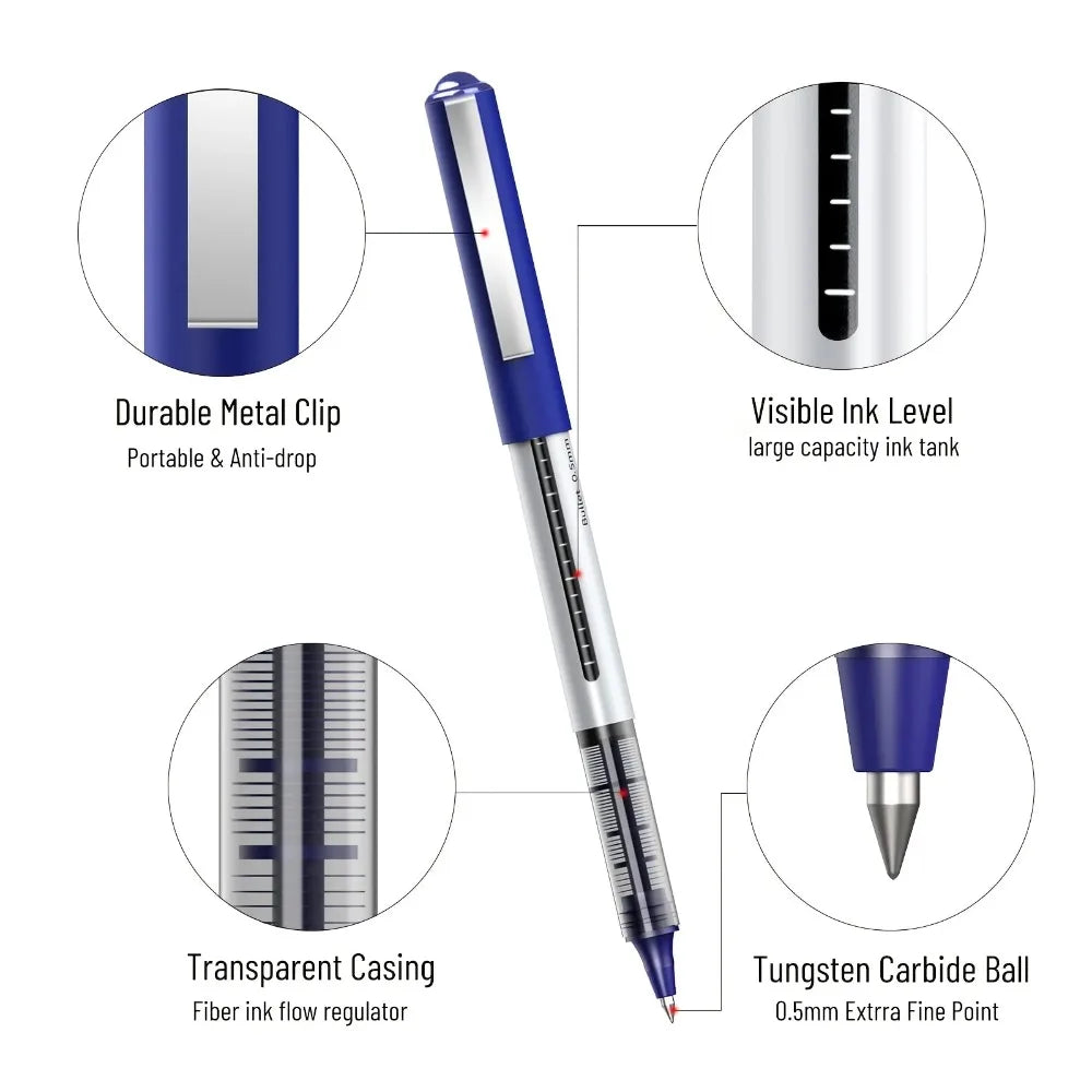 Quick-Dry Blue Ink Liquid Gel Pens | 0.5mm No Bleed Writing Liquid Gel Pens Qme