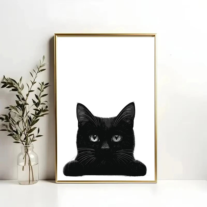 Peeking Black Cat Canvas Wall Art – Minimalist Cat Poster Canvas Wall Art Qst