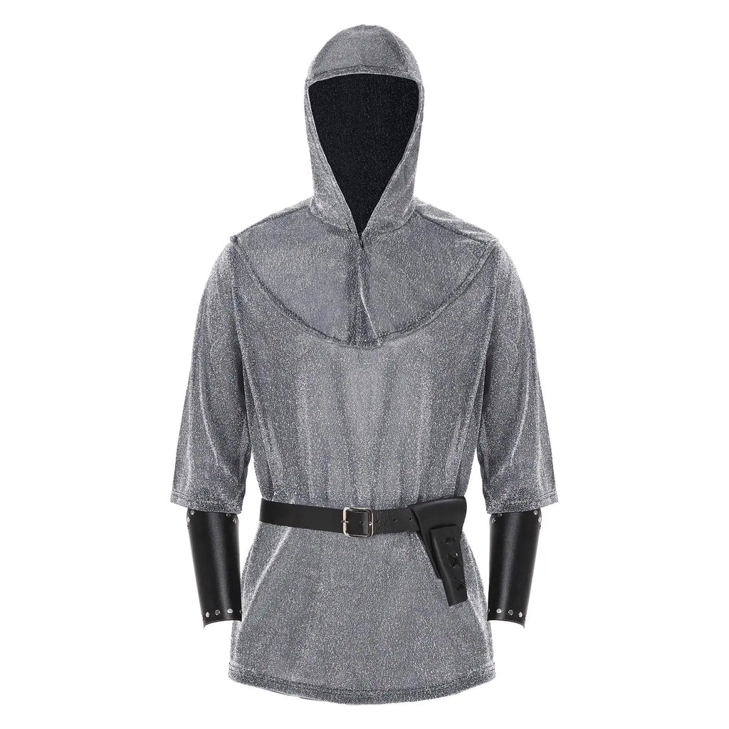 Medieval Faux Chain Mail Armor Tunic Shirt Cowl & Belt Set Medieval Costume Set Qme