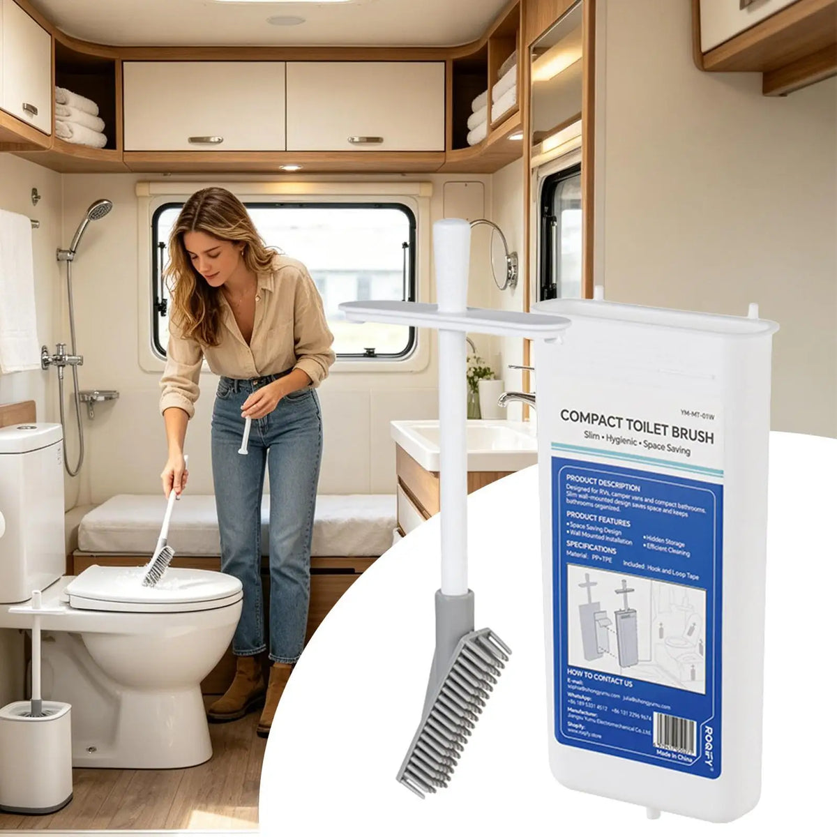 RV Toilet Brush & Holder – Wall-Mounted Retractable Head Toilet Brush Set Qme