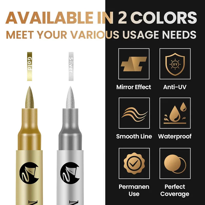 Metallic Permanent Marker Pens Gold & Silver Waterproof Paint DIY Metallic Paint Markers Qme