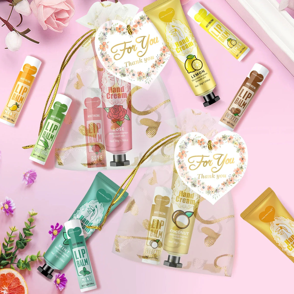 12-Piece Hand Cream & Lip Balm Gift Set | Net Bag & Card Beauty Gift Set Qme