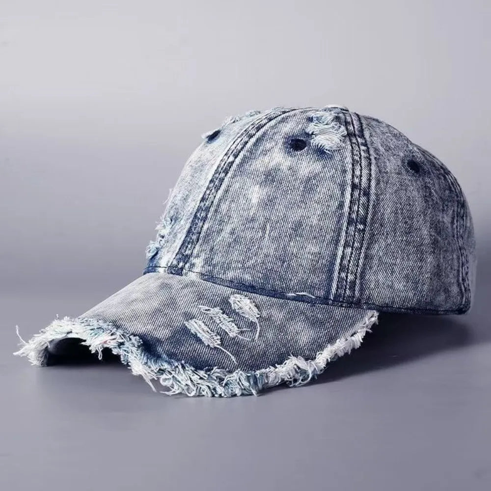 Vintage Washed Denim Baseball Cap – Distressed Frayed Fringe Denim Baseball Cap Qme