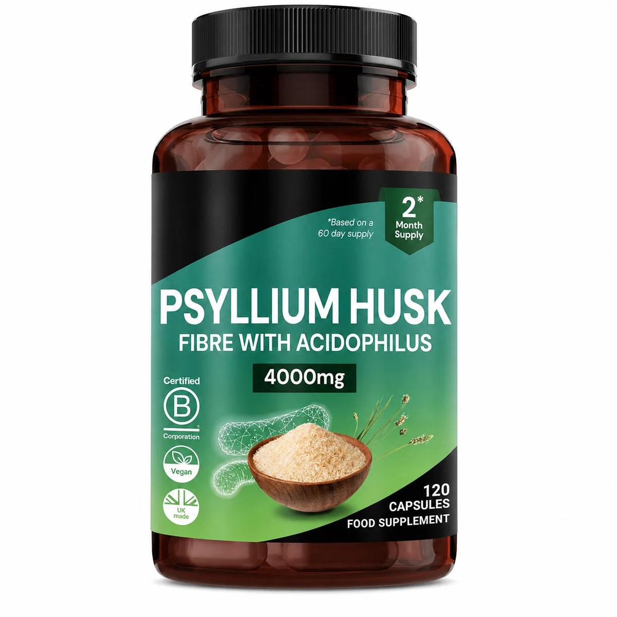 Psyllium Husk 4000mg + Lactobacillus Acidophilus – 120 Vegan Caps Fiber Probiotic Supplement Qst 1bottle 120capsules