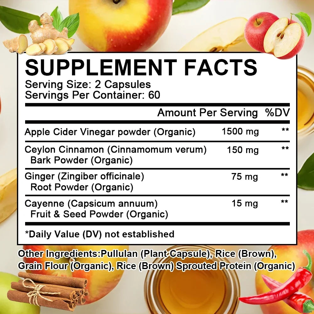 Apple Cider Vinegar Capsules 1740mg | Cinnamon Ginger Cayenne Dietary Supplement Qst