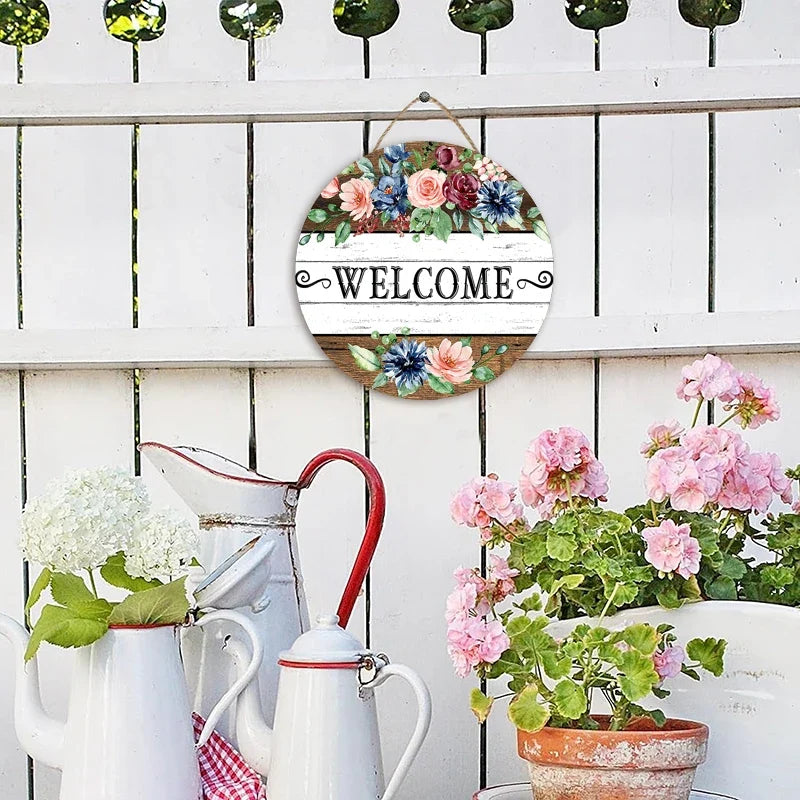 Rustic Flower Welcome Round Wood Wall Sign | Home Decor Plaque Wood Wall Sign Qme